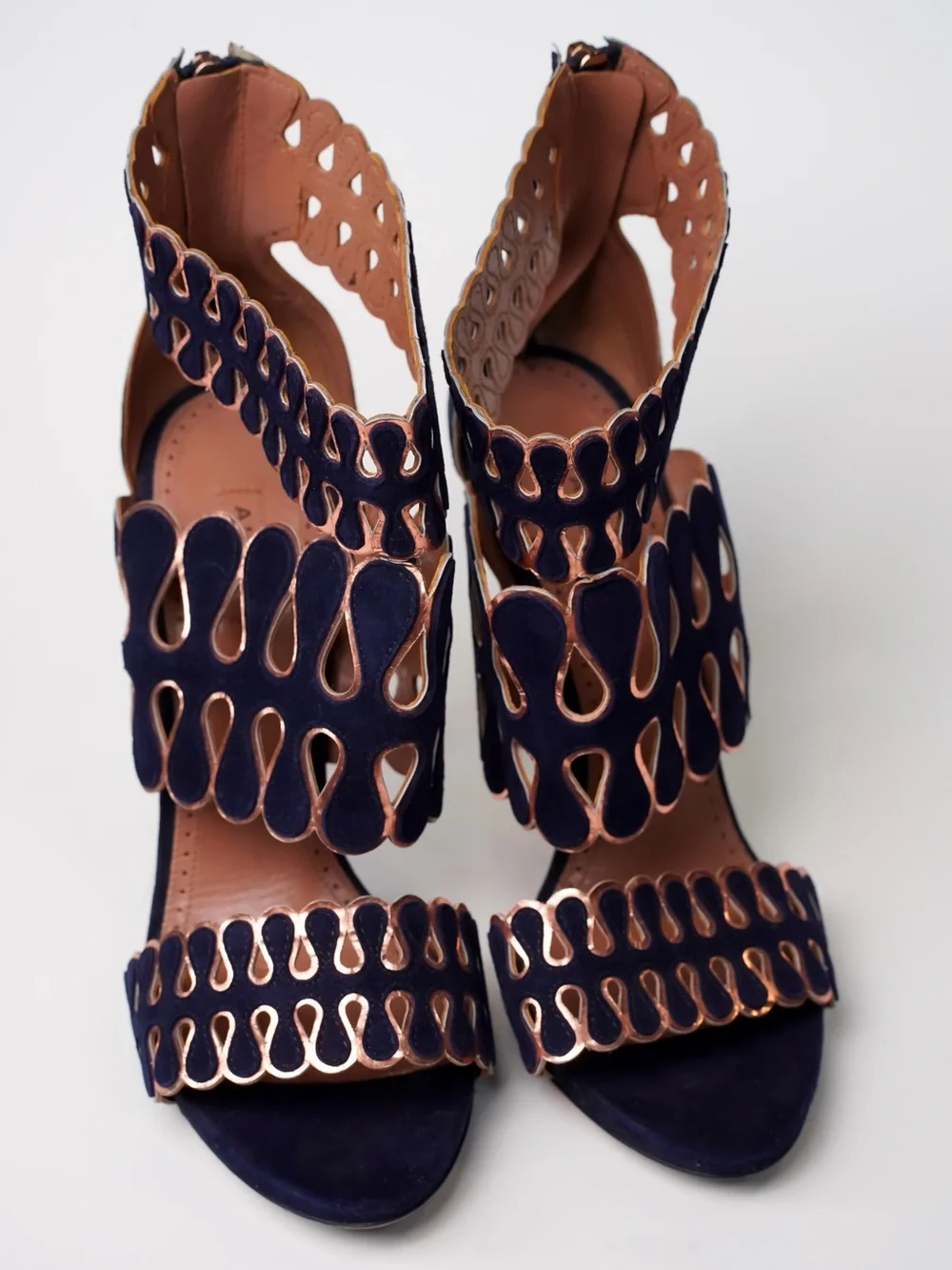 Alaïa Suede Gladiator Scalloped Stiletto Sandals Navy Blue Gold 38.5 US 8.5